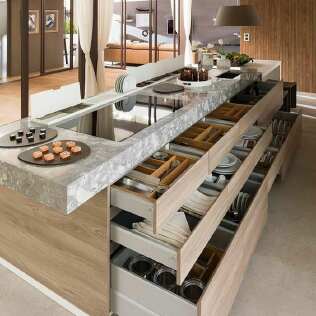 Kitchen with long island.